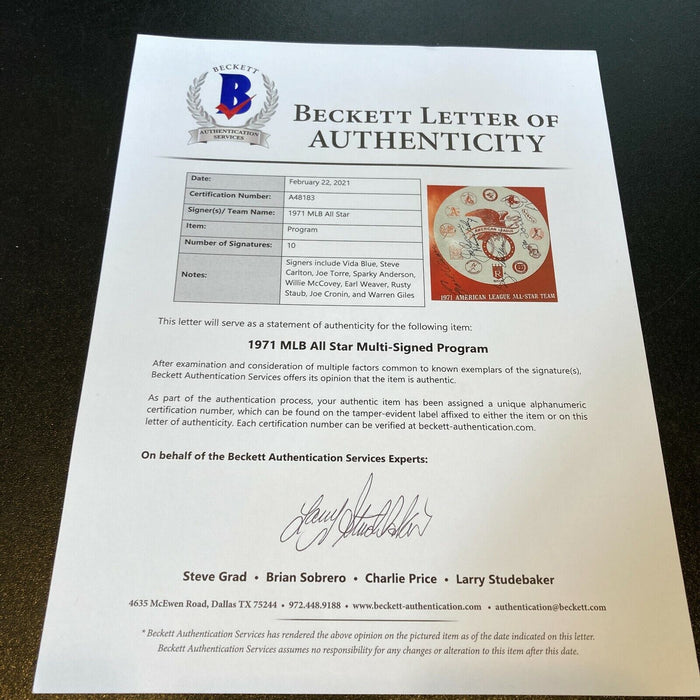 1971 All Star Game Multi Signed Program Warren Giles Joe Cronin Beckett COA