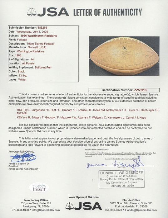 1966 Washington Redskins Team-Signed Football 44 Signatures JSA COA
