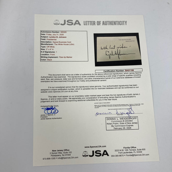 President Lyndon B. Johnson Signed White House Original Card JSA COA