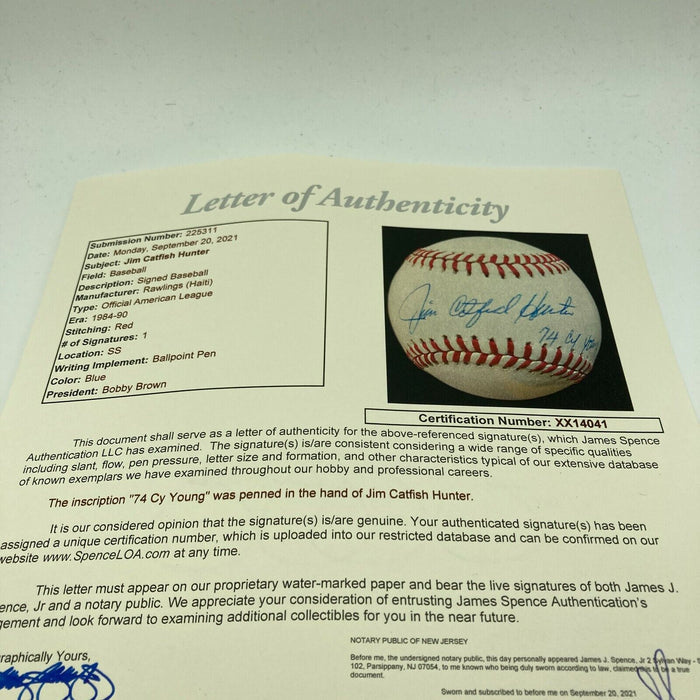 Jim Catfish Hunter "1974 Cy Young" Signed Inscribed American League Baseball JSA