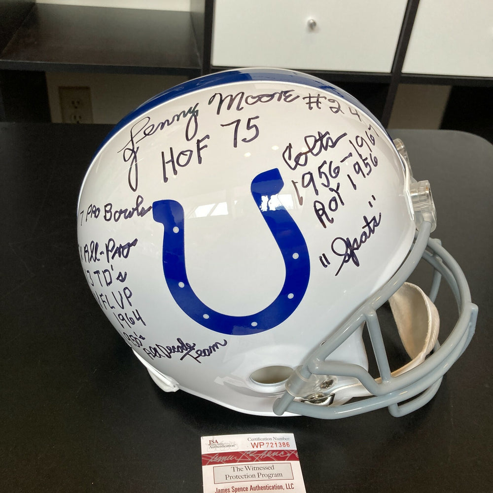 Lenny Moore Signed Heavily Inscribed Career STATS Baltimore Colts Helmet JSA COA