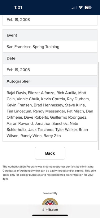 2008 San Francisco Giants Team Signed Game Model Jersey MLB Authentic