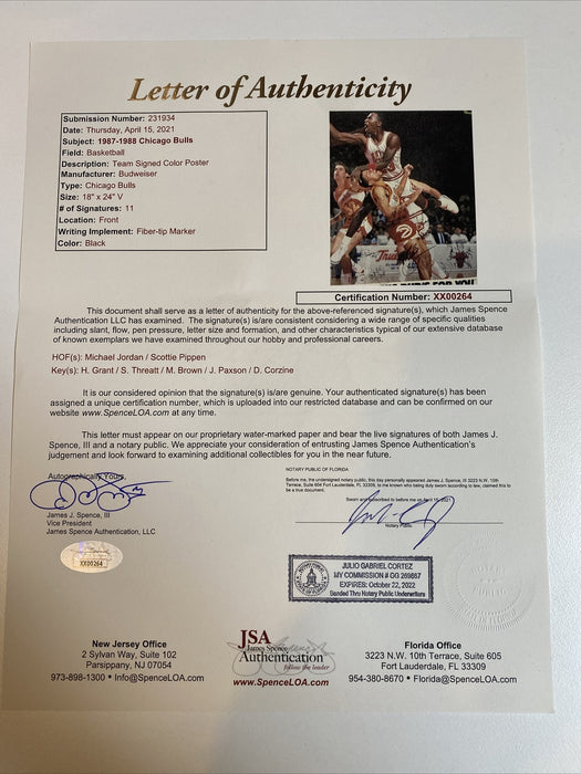 Michael Jordan 1987-88 Chicago Bulls Team Signed 18x24 Budweiser Poster JSA COA