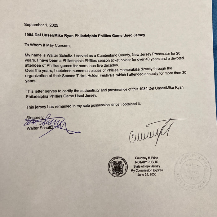 Del Unser Mike Ryan 1984-1985 Game Used Philadelphia Phillies Jersey MEARS A10