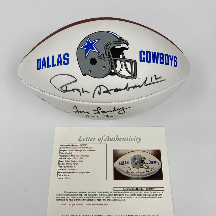 Tom Landry HOF 1990 Roger Staubach Signed Dallas Cowboys Football JSA COA
