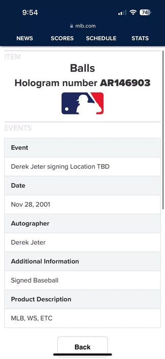 Derek Jeter Mr. November 2001 World Series Game 4 Signed Game Used Baseball JSA