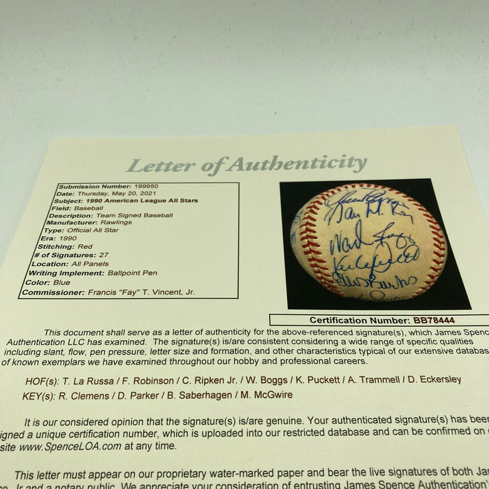 1990 All Star Game Team Signed Baseball Kirby Puckett Mark McGwire Ripken JSA
