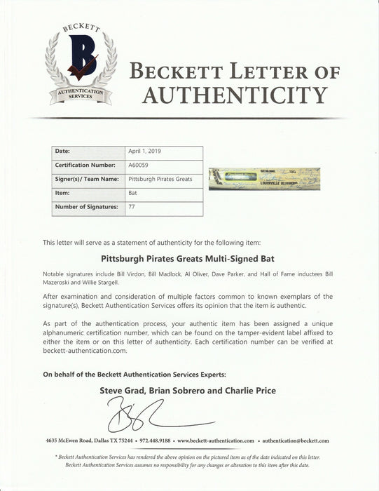 Pittsburgh Pirates Hall Of Fame & Legends Signed Bat 50 Sigs! With Beckett COA