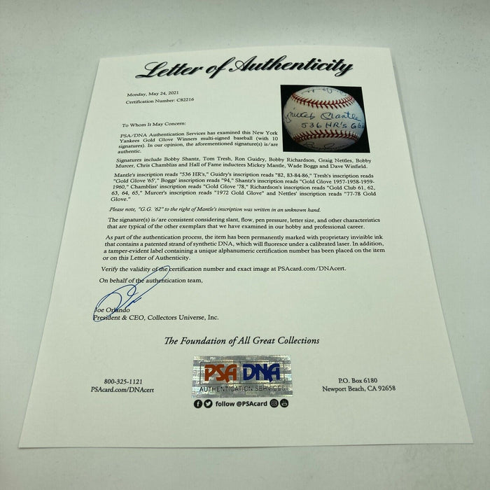 Extraordinary Mickey Mantle 536 HR's Yankees Gold Glove Signed Baseball PSA DNA