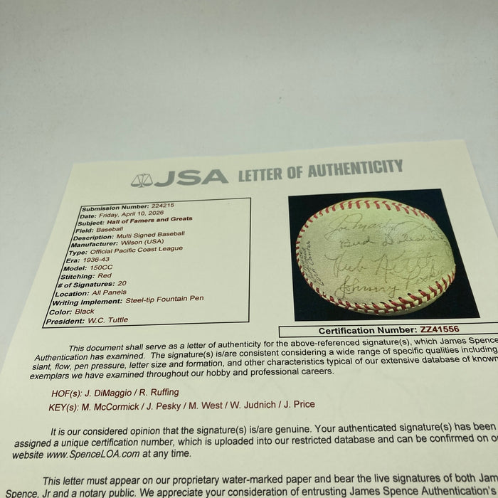 1930's Joe Dimaggio Rookie Era Multi Signed Pacific Coast League Baseball JSA