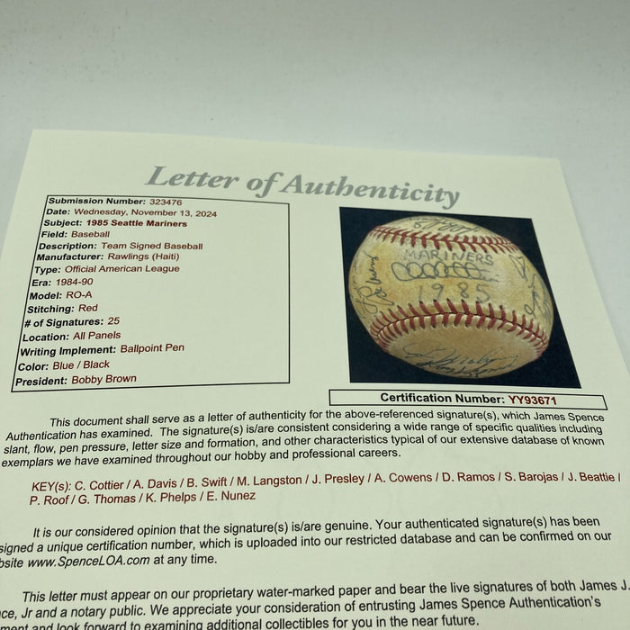 1985 Seattle Mariners Team Signed American League Baseball JSA COA