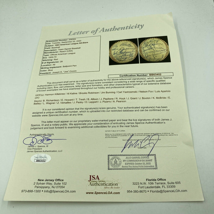 Beautiful 1963 All Star Game Signed Baseball Nellie Fox Carl Yastrzemski JSA COA
