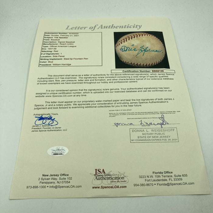 Stunning Tris Speaker Single Signed Official American League Baseball JSA COA