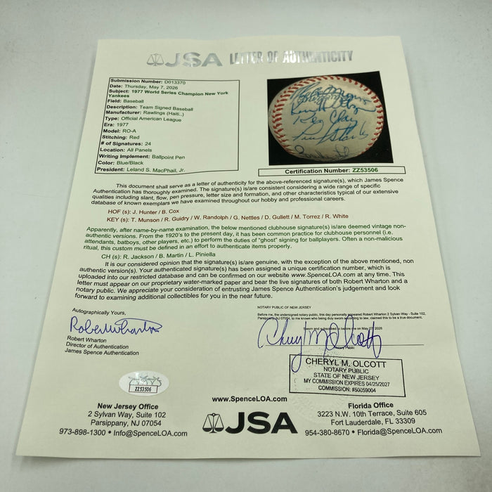 1977 NY Yankees World Series Champs Team Signed Baseball Thurman Munson JSA COA