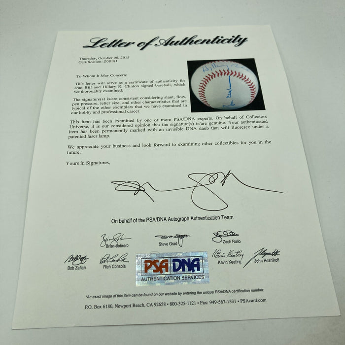 President Bill Clinton & Hillary Clinton Dual Signed Major League Baseball PSA