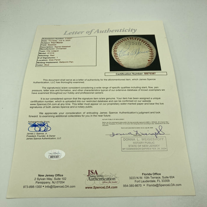 Beautiful Paul Waner Single Signed Baseball JSA COA