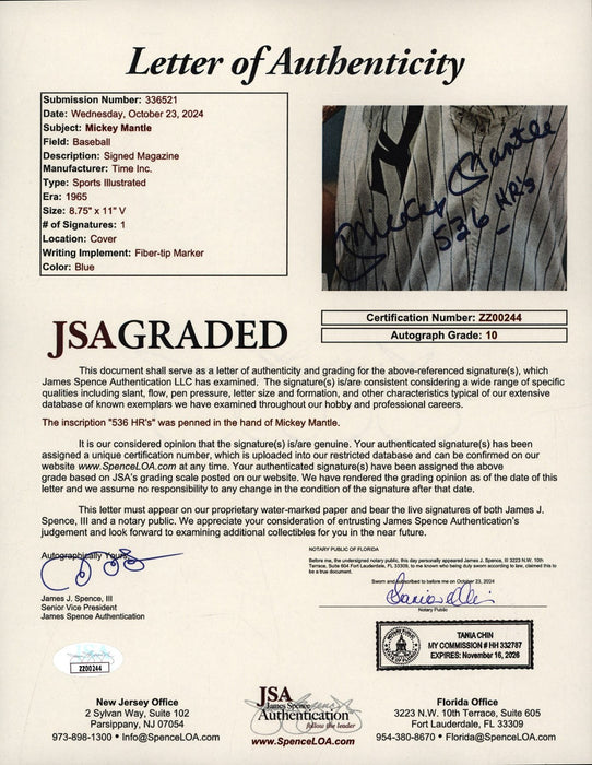 Mickey Mantle "536 Home Runs" Signed 1965 Sports Illustrated JSA 10 GEM MINT