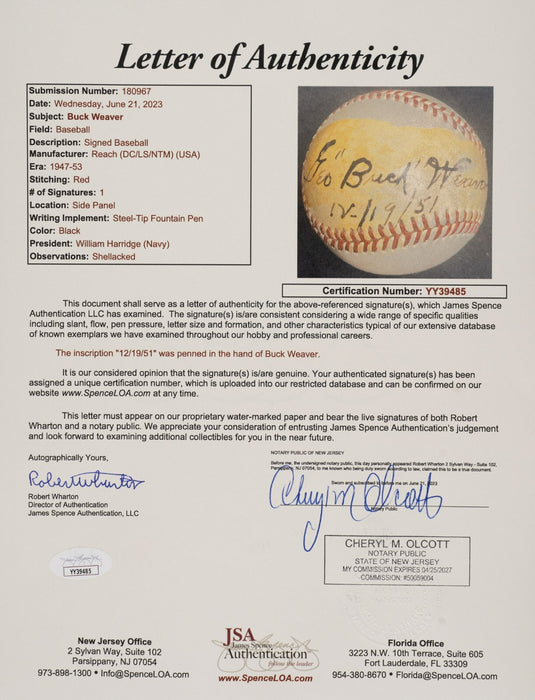 Buck Weaver Single Signed Baseball 1919 Black Sox JSA COA The Only One Known