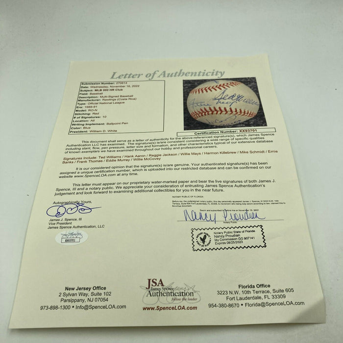 Ted Williams Willie Mays Hank Aaron 500 Home Run Signed Baseball JSA COA