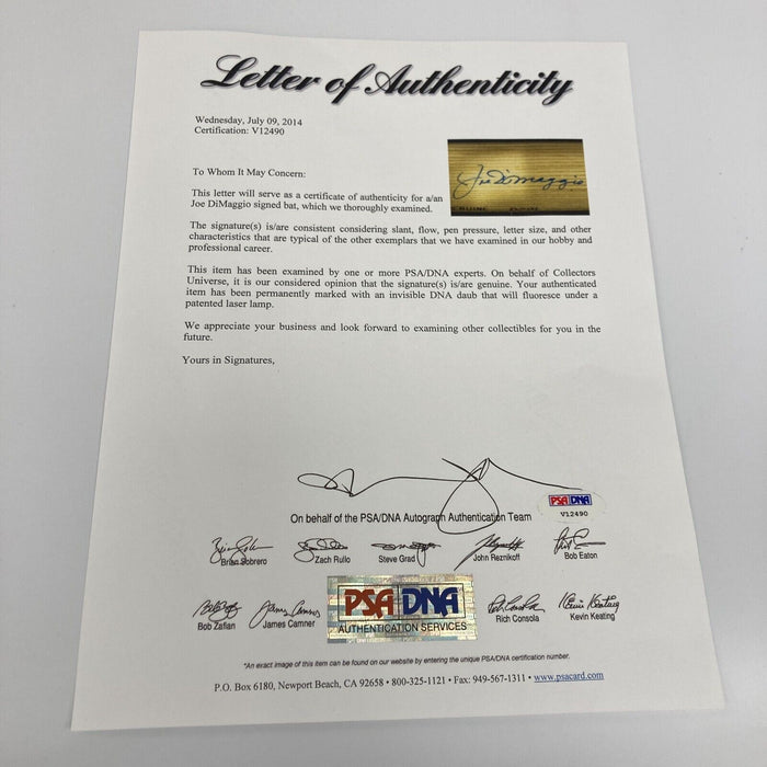 Joe DiMaggio Signed Louisville Slugger Game Model Baseball Bat PSA DNA COA