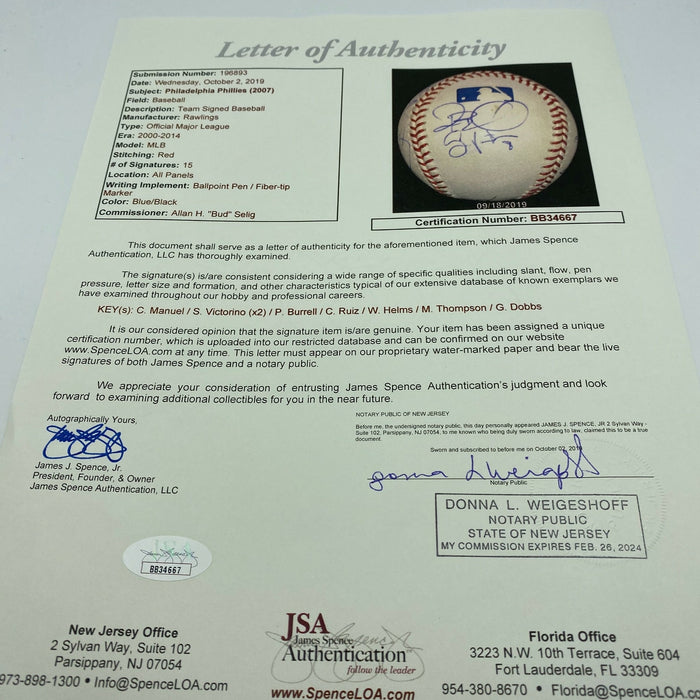 2007 Philadelphia Phillies Team Signed Major League Baseball With JSA COA