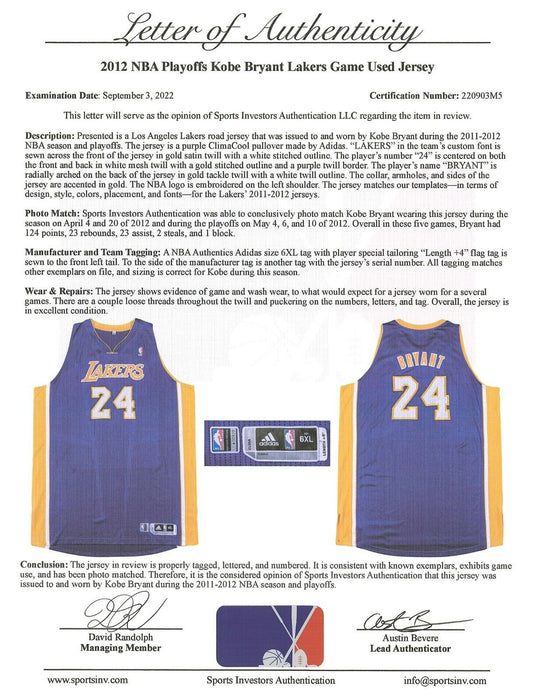Kobe Bryant 2012 Playoffs Game Used Los Angeles Lakers Jersey Photo Matched COA
