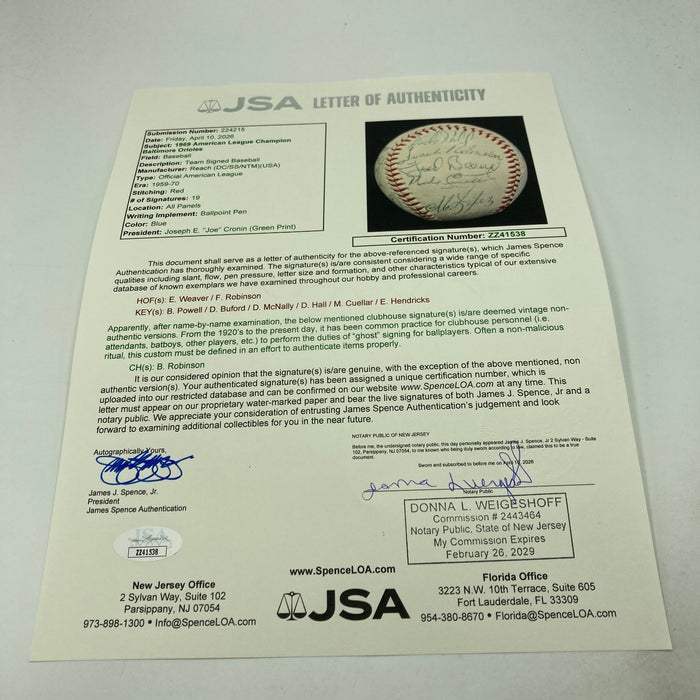 1969 Baltimore Orioles American League Champs Team Signed Baseball JSA COA