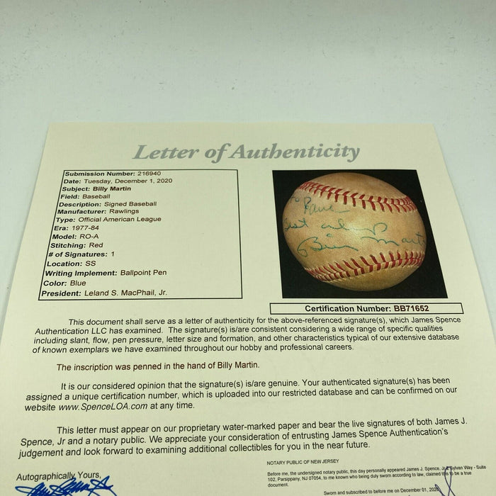 Billy Martin Single Signed Vintage Game Used American League Baseball JSA COA