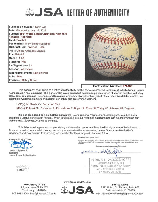 1961 New York Yankees World Series Champs Team Signed Baseball Mickey Mantle JSA