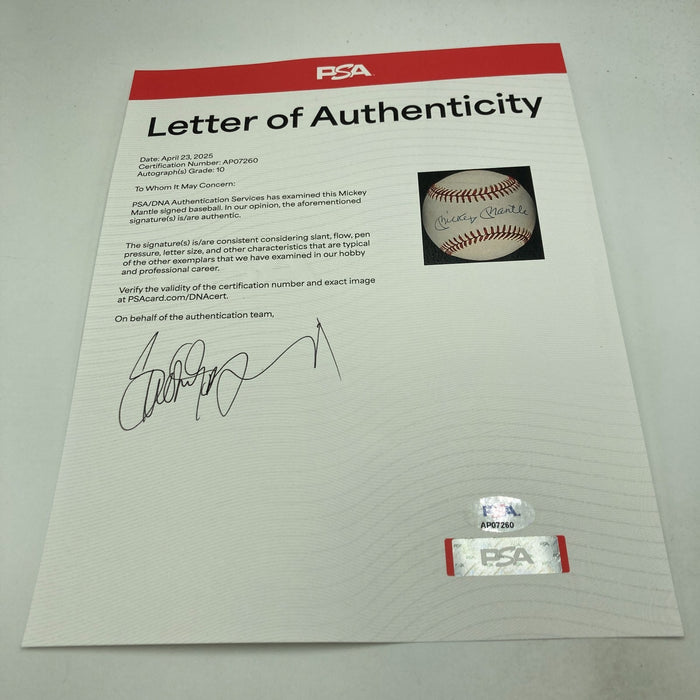 Mickey Mantle Signed American League Baseball PSA DNA Graded 10 GEM MINT