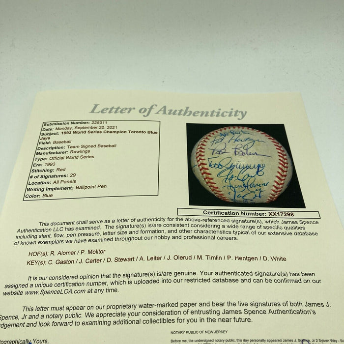1993 Toronto Blue Jays World Series Champs Team Signed Baseball JSA COA