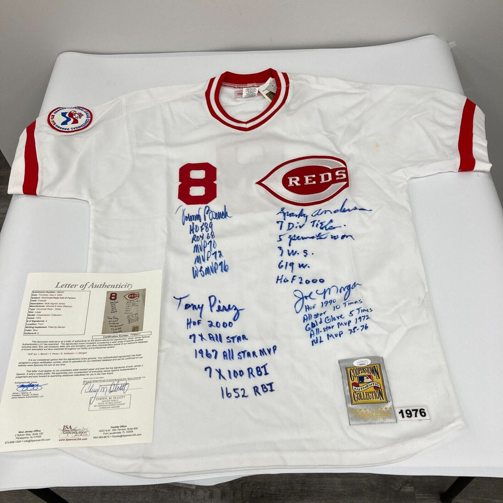 The Finest Cincinnati Reds Big Red Machine Signed Inscribed STAT Jersey JSA COA