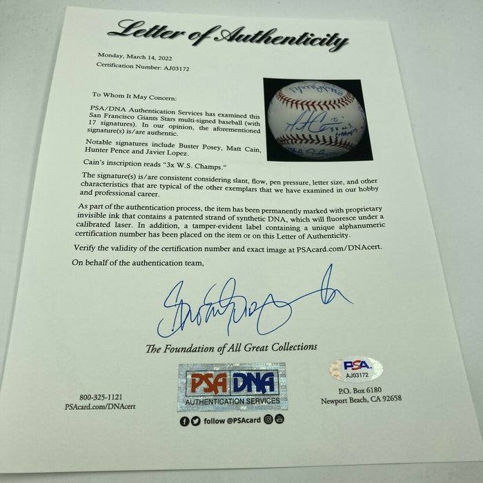 2012 San Francisco Giants World Series Champs Team Signed Baseball PSA DNA & JSA