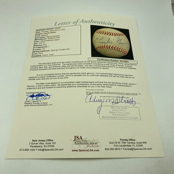 Charlie Grimm Single Signed 1940's Official National League Baseball JSA COA