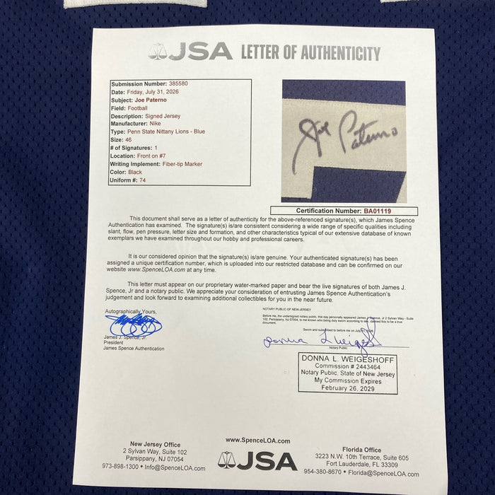 Joe Paterno Signed Penn State Game Used Jersey JSA COA