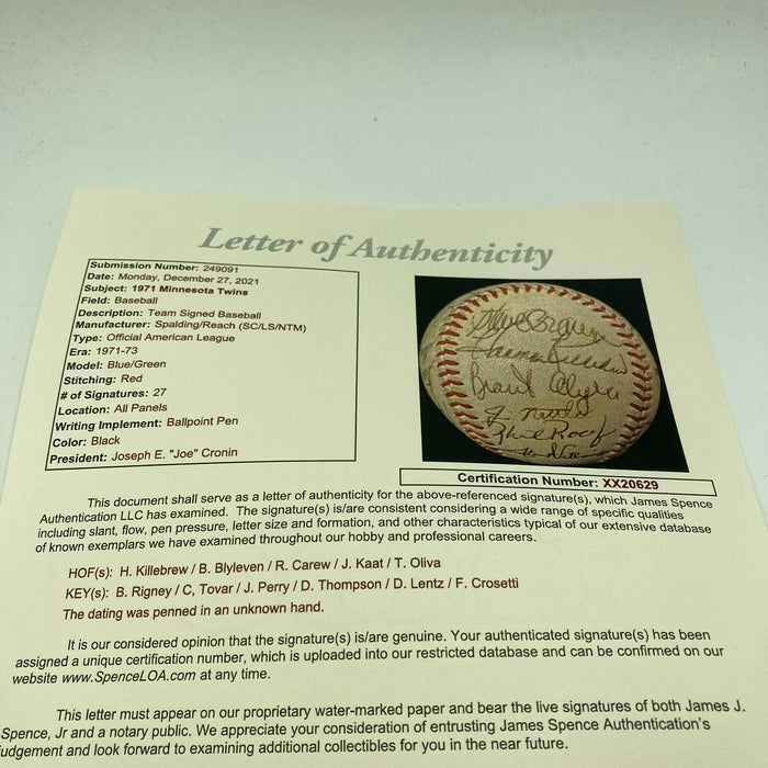 1971 Minnesota Twins Team Signed Baseball Killebrew Carew Blyleven Oliva JSA COA