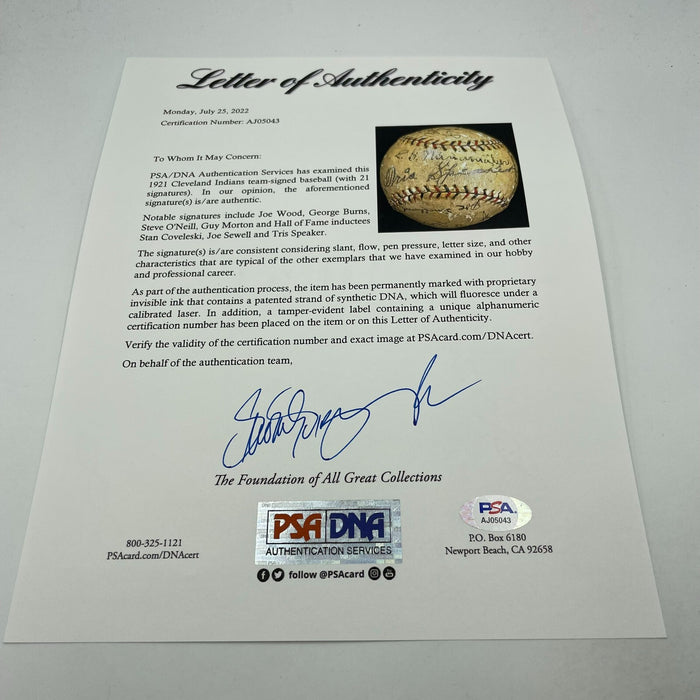 Historic 1921 Cleveland Indians Team Signed Baseball With Tris Speaker PSA DNA