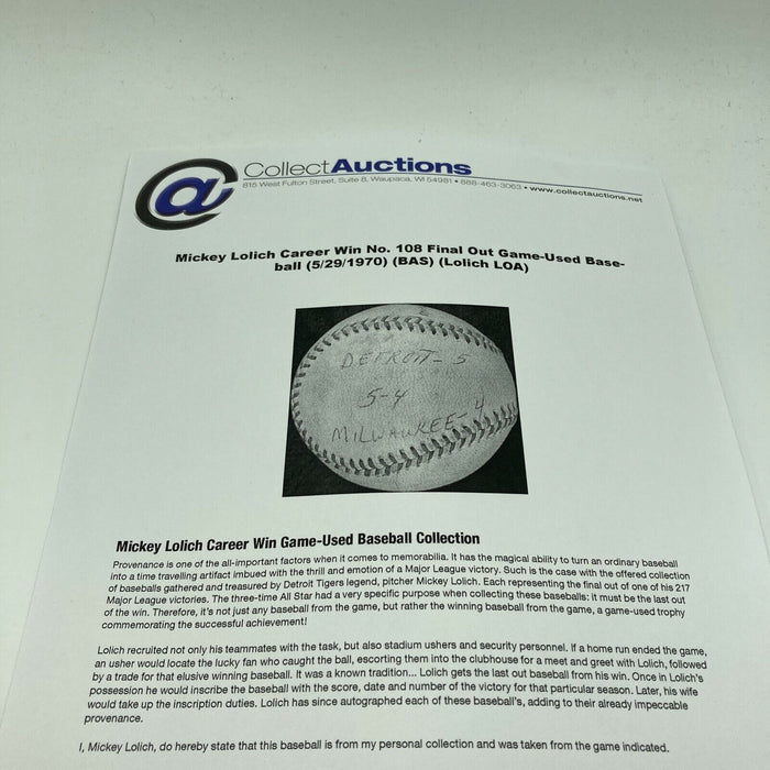 Mickey Lolich Signed Career Win No. 108 Final Out Game Used Baseball Beckett COA