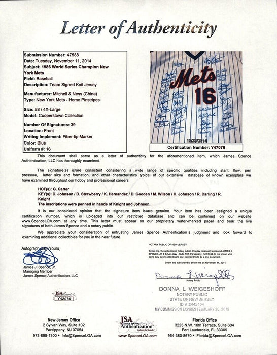 1986 New York Mets World Series Champs Team Signed Authentic Jersey JSA COA