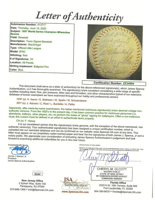1957 Milwaukee Braves World Series Champs Team Signed Baseball JSA COA