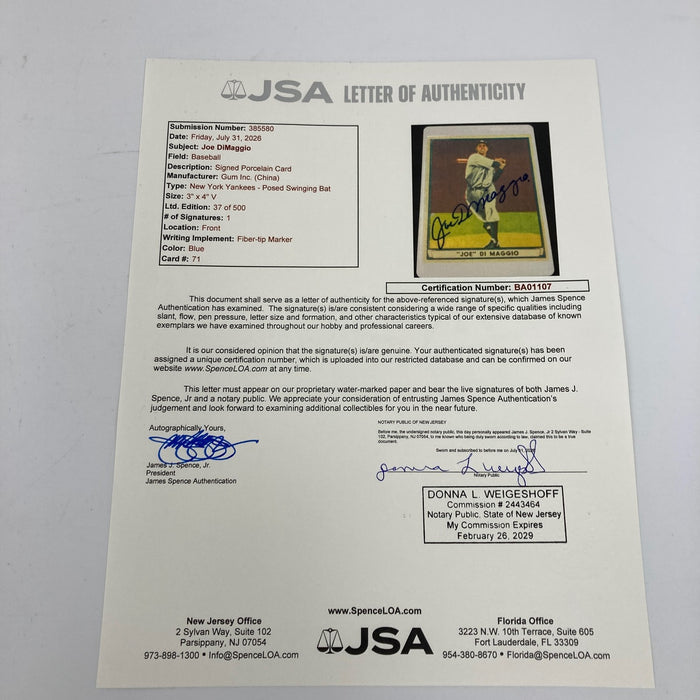 1941 Play Ball Joe Dimaggio Signed Porcelain Baseball Card JSA COA Auto