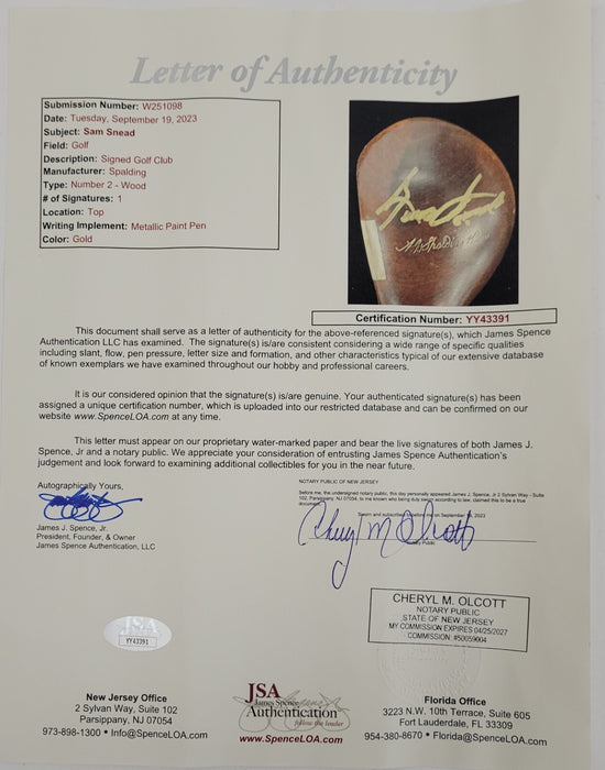 Sam Snead Signed Vintage Spalding Golf Club PGA JSA COA RARE