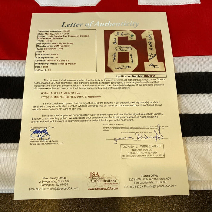 1961 Chicago Blackhawks Stanley Cups Champions Team Signed Jersey JSA COA