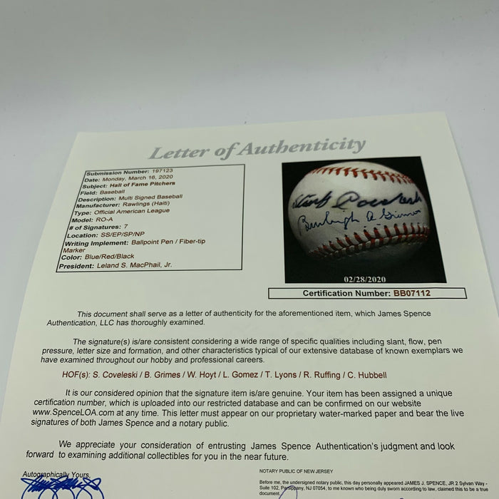 New York HOF Pitching Legends Signed Baseball Coveleski Grimes Hoyt Ruffing JSA
