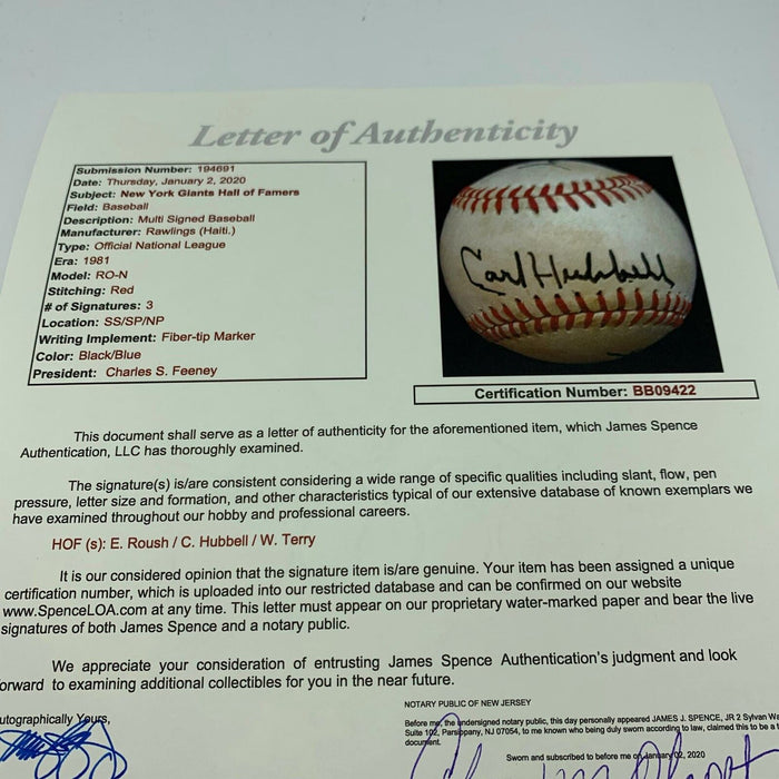 Carl Hubbell Bill Terry Edd Roush NY Giants Legends Signed NL Baseball JSA COA