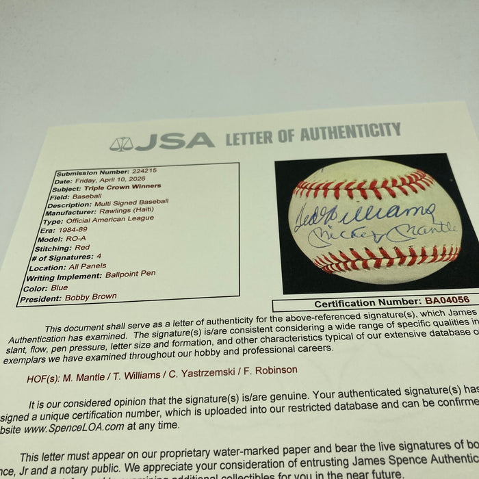 Mickey Mantle Ted Williams Carl Yastrzemski Triple Crown Signed Baseball JSA COA