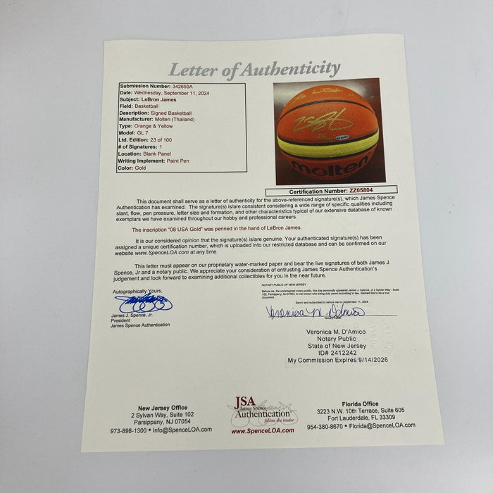 Lebron James "2008 USA Gold" Signed Olympics Basketball UDA #23/100 & JSA