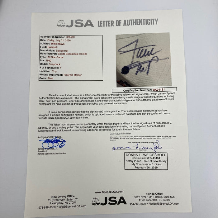 Willie Mays Signed 1992 All Star Game Hat JSA & Mays COA