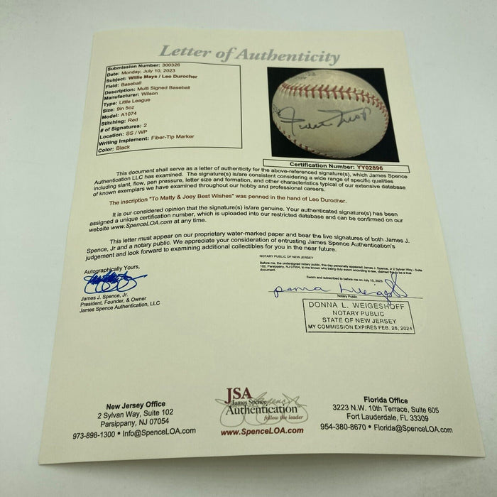 Willie Mays & Leo Durocher Signed Baseball JSA COA