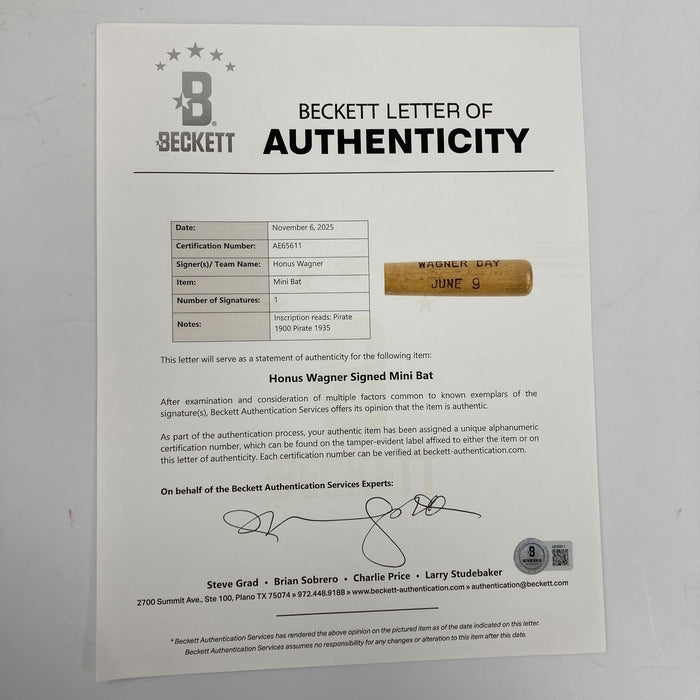 Honus Wagner Signed Louisville Slugger Honus Wagner Day Mini Baseball Bat BAS
